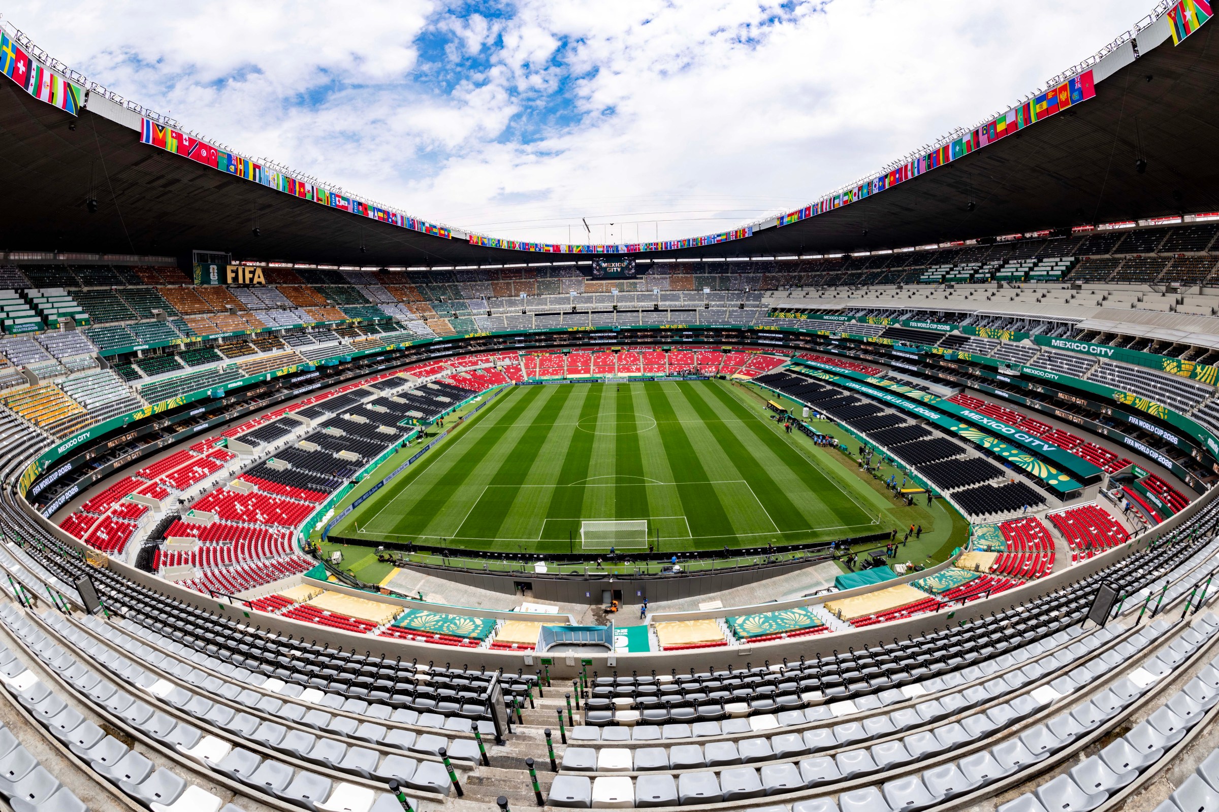 MEXICO CITY, MEXICO - JUNE 10: A general view of Mexico City Stadium on June 10, 2026 in Mexico City, Mexico. Mexico City Stadium has been confirmed as the venue for the opening fixture of the FIFA World Cup 2026 on June 11, becoming the first stadium to host three FIFA World Cup opening matches. (Photo by VCG/VCG via Getty Images)