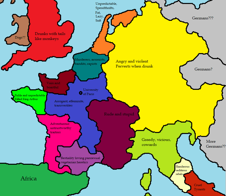 Ethnic stereotypes among students at the University of Paris c.1200 AD, according to Jacques de Vitry