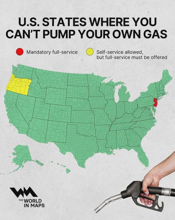 US states where you can't pump your own gas