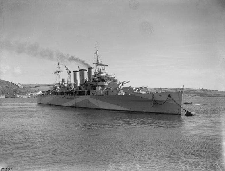 HMS Berwick, the British heavy cruiser that ferried Royal Marines to Iceland during Operation Fork in May 1940, photographed in 1942.