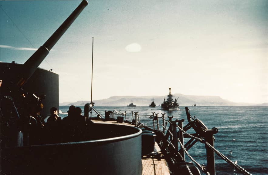 US Atlantic Fleet ships steaming out of Reykjavik harbour during the initial American occupation of Iceland, July 1941.