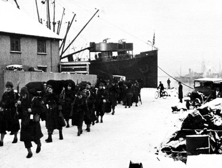 US Army troops disembarking in Reykjavik harbor, January 1942, during the American occupation of Iceland in World War II.