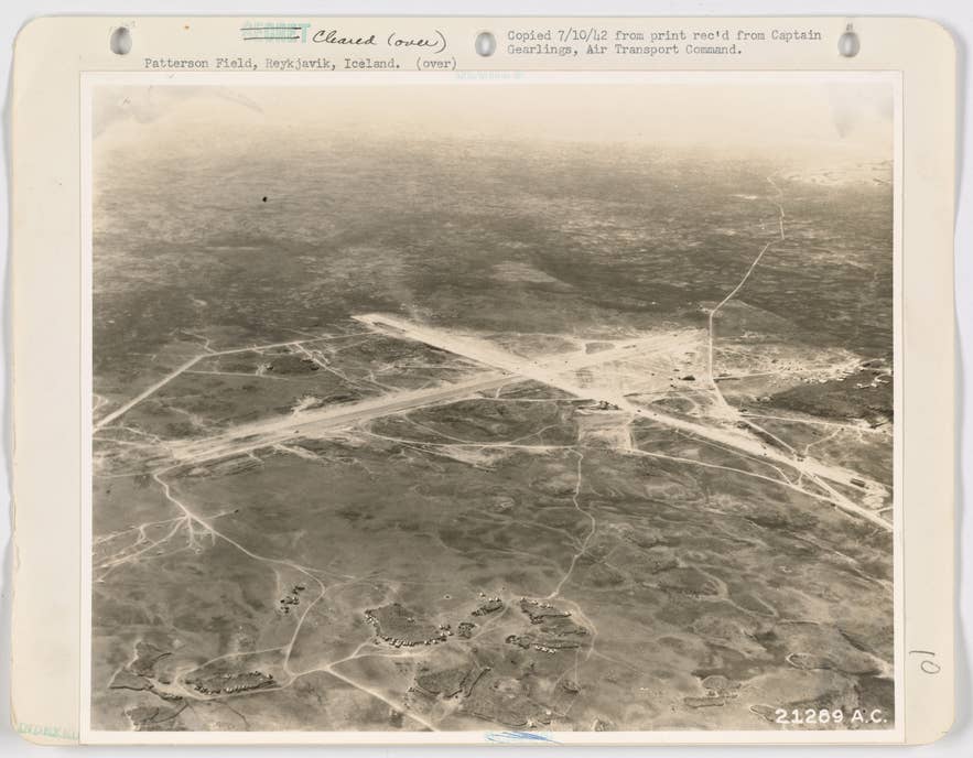 Aerial photograph of Patterson Field, Reykjavik, Iceland, July 1942, one of two US military airfields built during the wartime occupation.