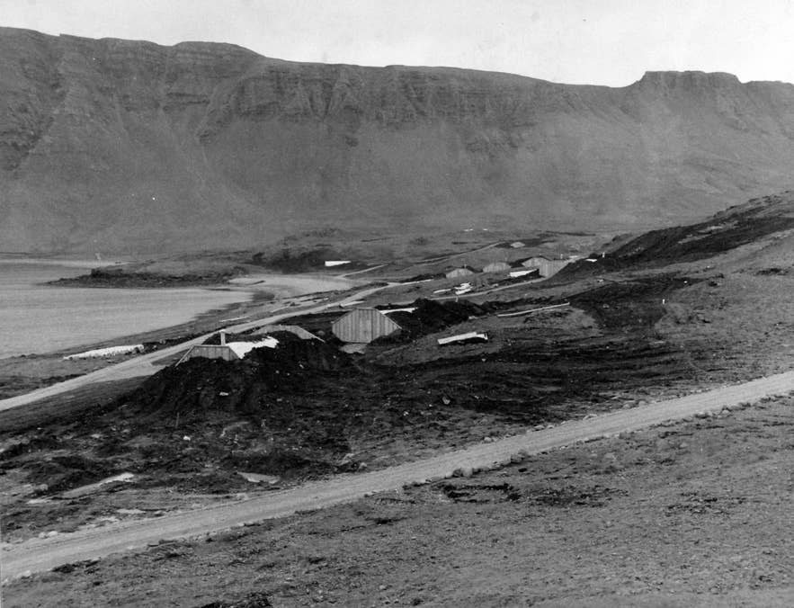 US Navy ammunition huts at Point Falcon, Hvalfjord, Iceland, June 1942, part of the Allied wartime naval base.