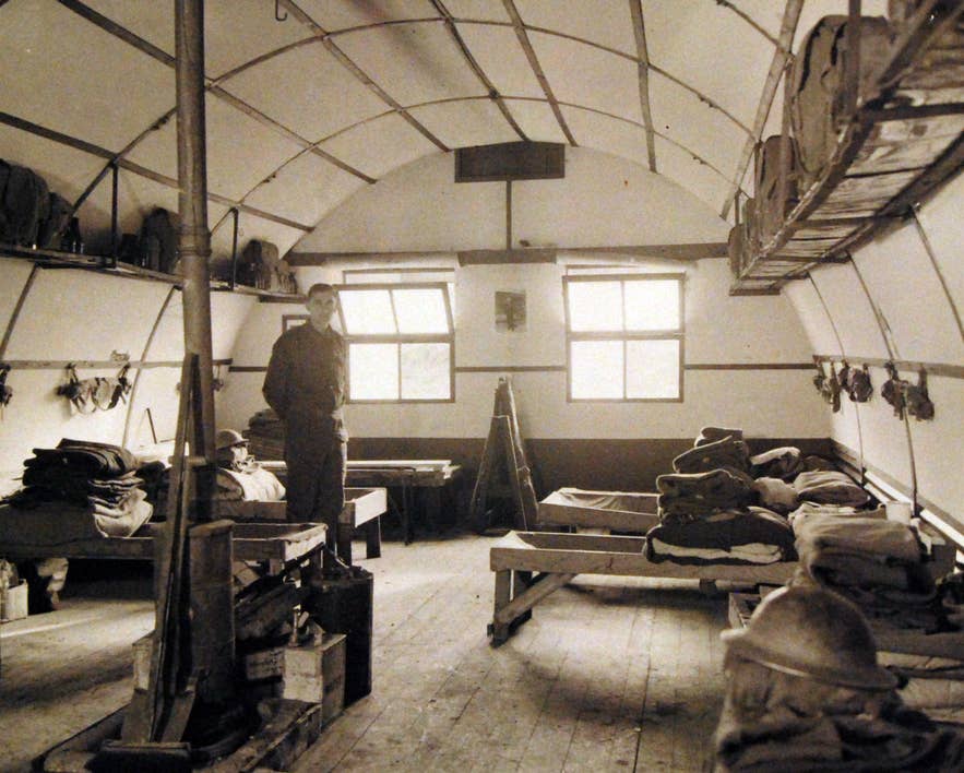 Interior of British soldier's barracks at Hvalfjord, Iceland, October 1941, during the Allied occupation.
