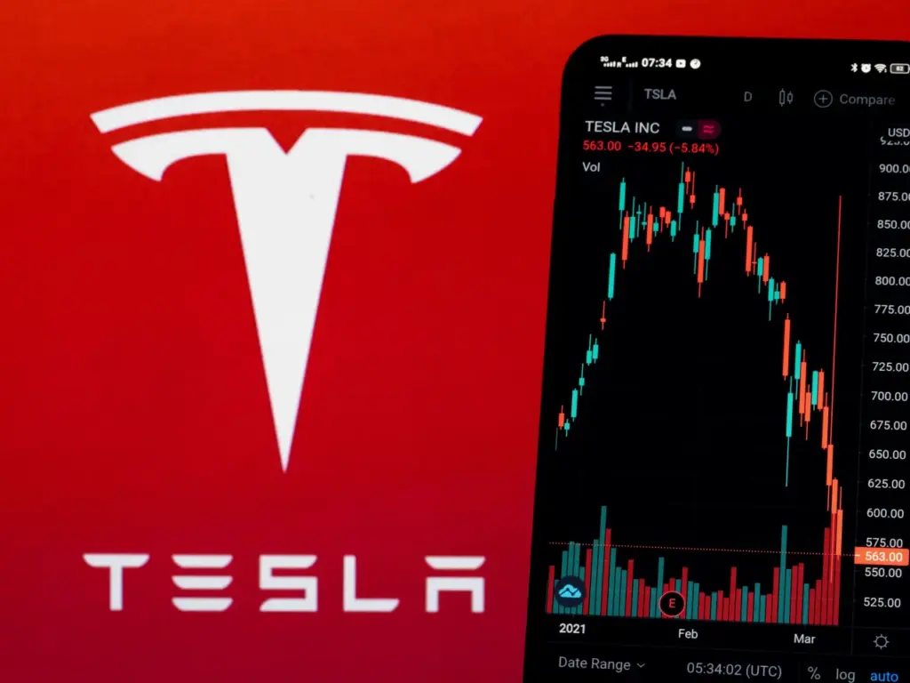 Tesla Wins Denmark Green Light For FSD Expansion — But TSLA Stock Slips In this photo illustration, the stock market information of Tesla Inc displayed on a smartphone while the logo of Tesla Inc seen in the background. (Photo Illustration by Igor Golovniov/SOPA Images/LightRocket via Getty Images)