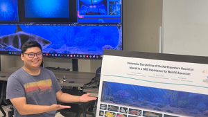 person in front of a monitor and poster board