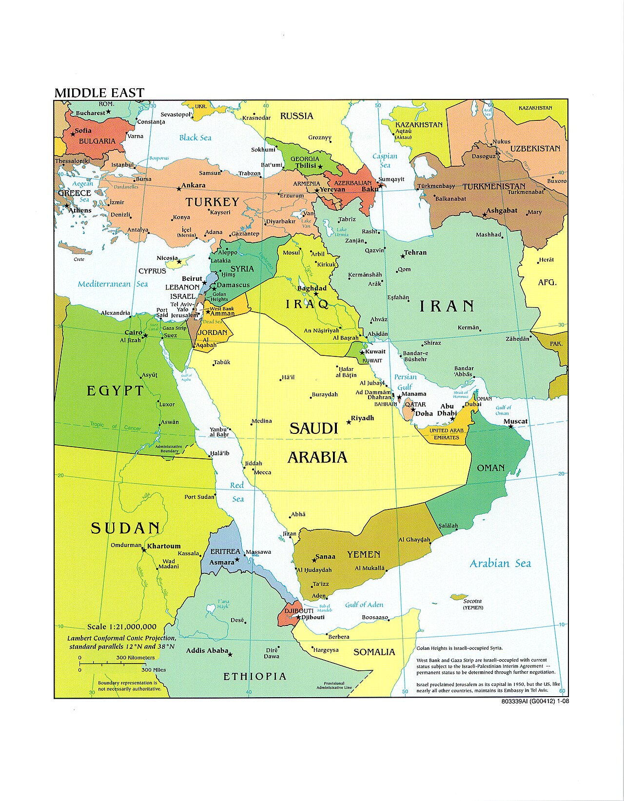 Political map of the Middle East showing Turkey, Saudi Arabia, Egypt and surrounding states — the geographic span of the quadrilateral security formation
