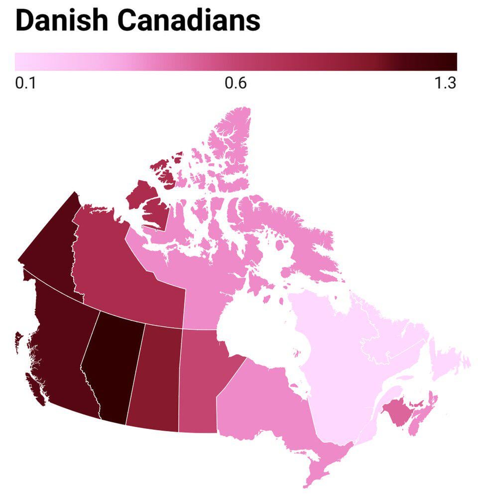 A map of Danish Canadians by Percentage.