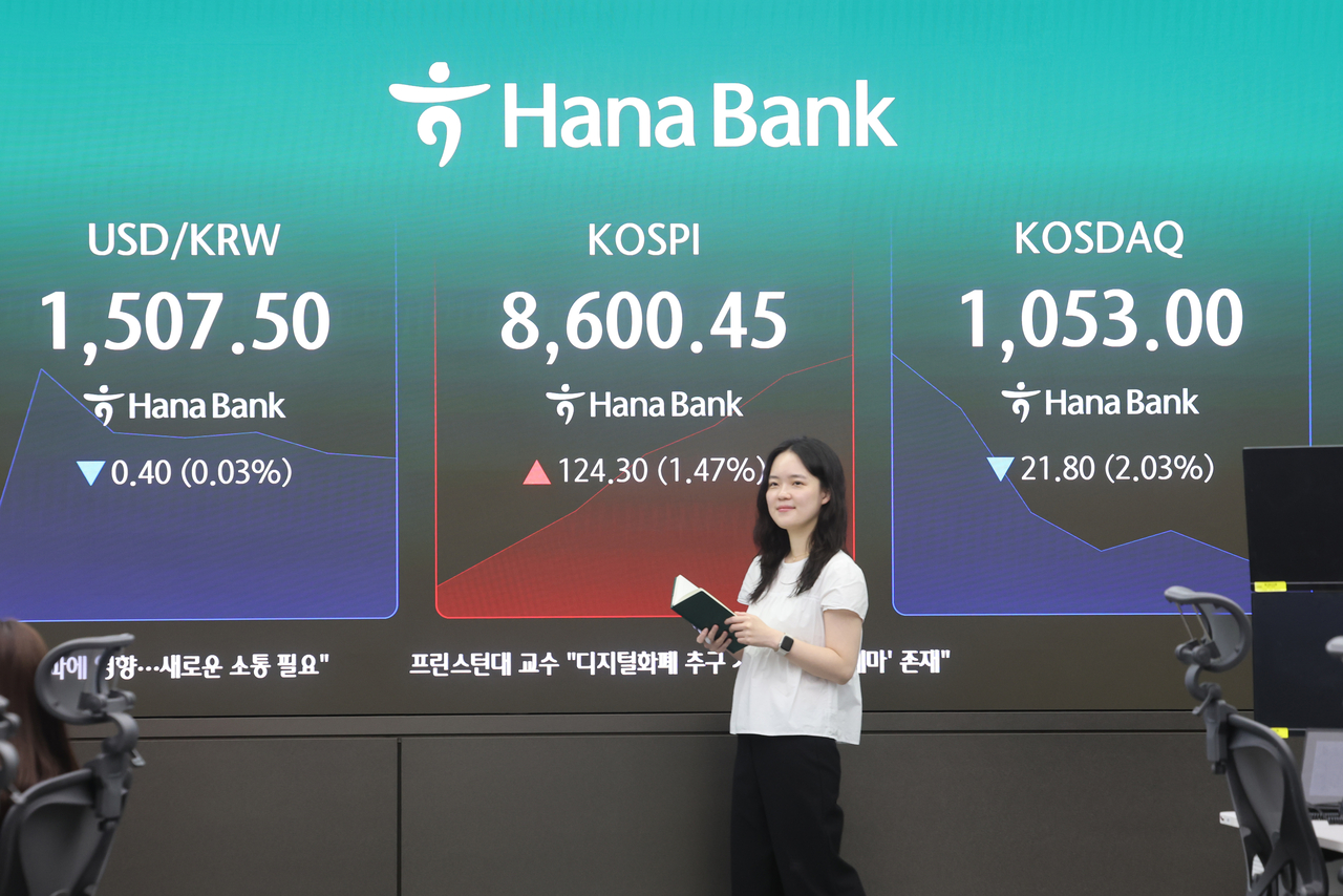 An electronic board showing the Korea Composite Stock Price Index at a dealing room of the Hana Bank headquarters in Seoul on Monday. (Yonhap)