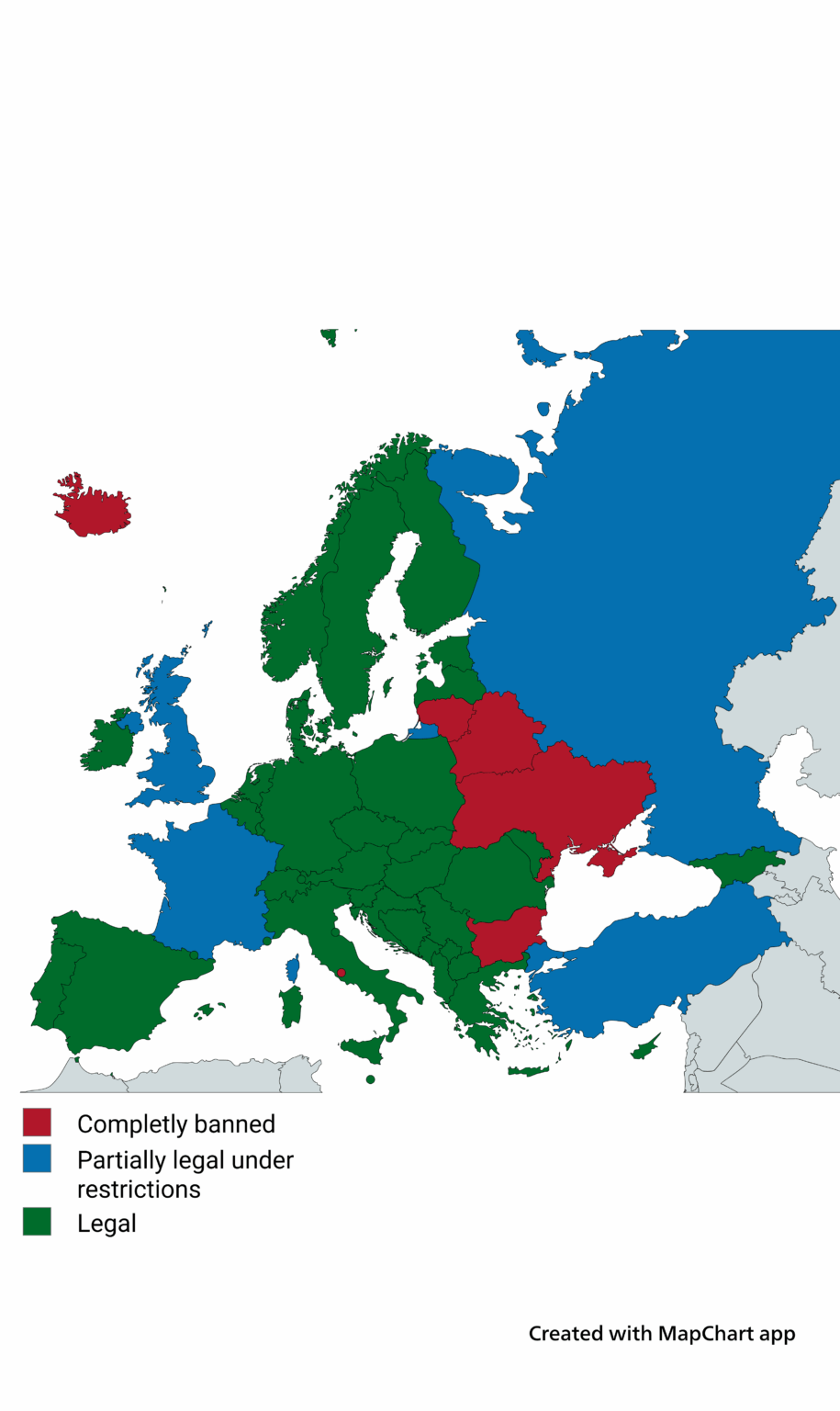 A map showing which European countries have illegal and partially legal porngraphy websites.