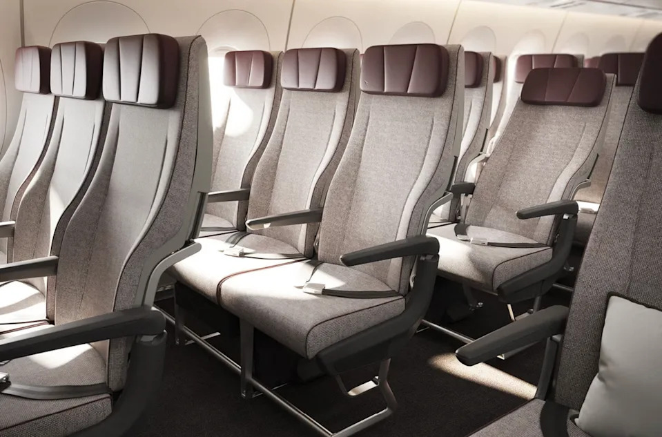 There are 140 seats in the Economy cabin (pictured) with a 3-3-3 seating configuration. 