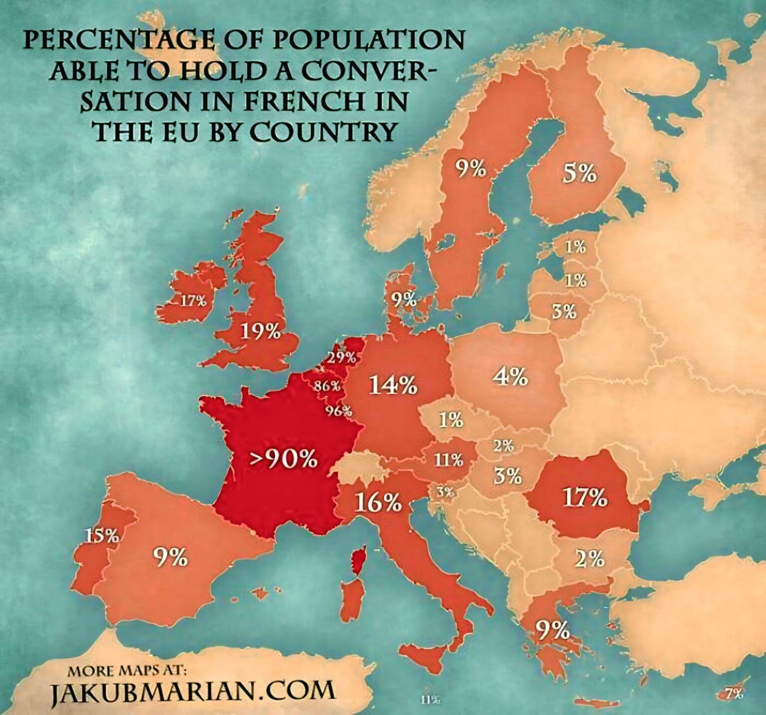 Percentage of Population Able to Hold a Conversation in French in Europe by Country