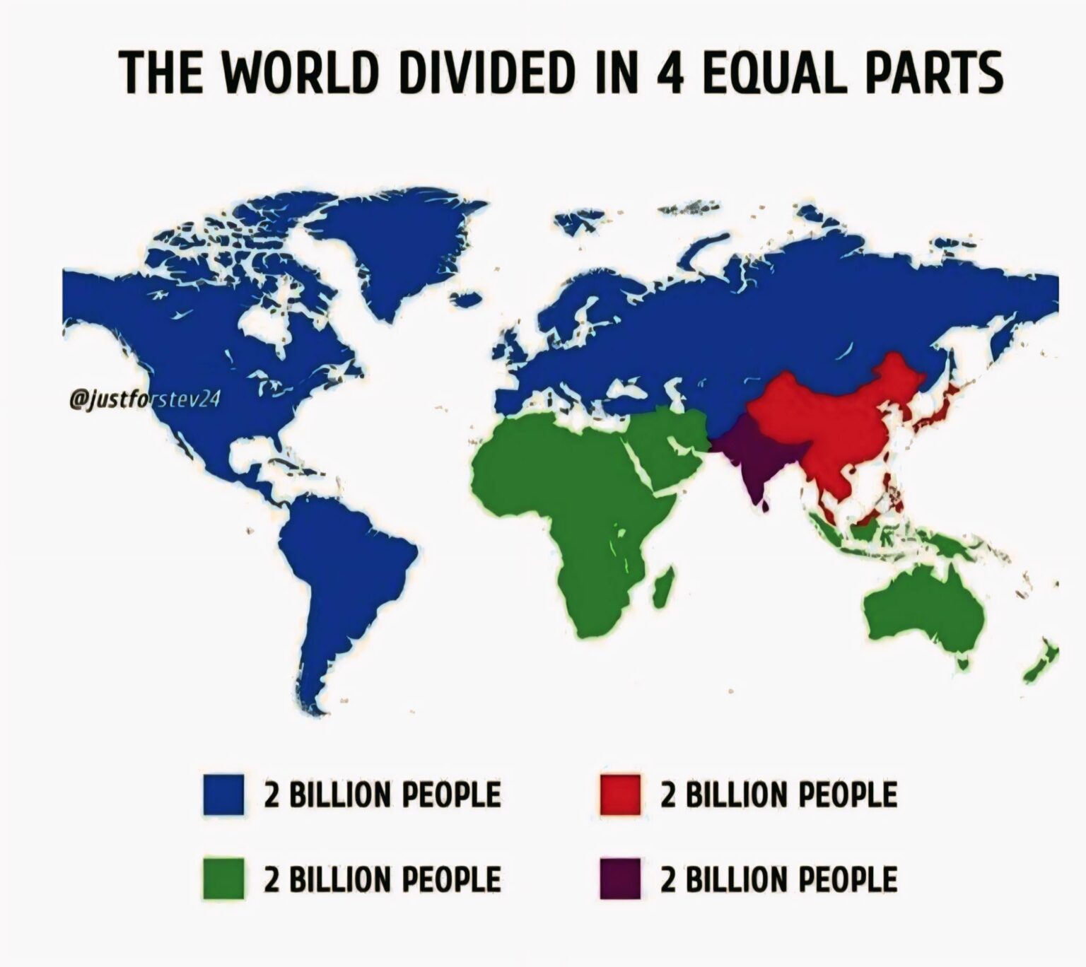 The World Divided into 4 Equal Parts by Population