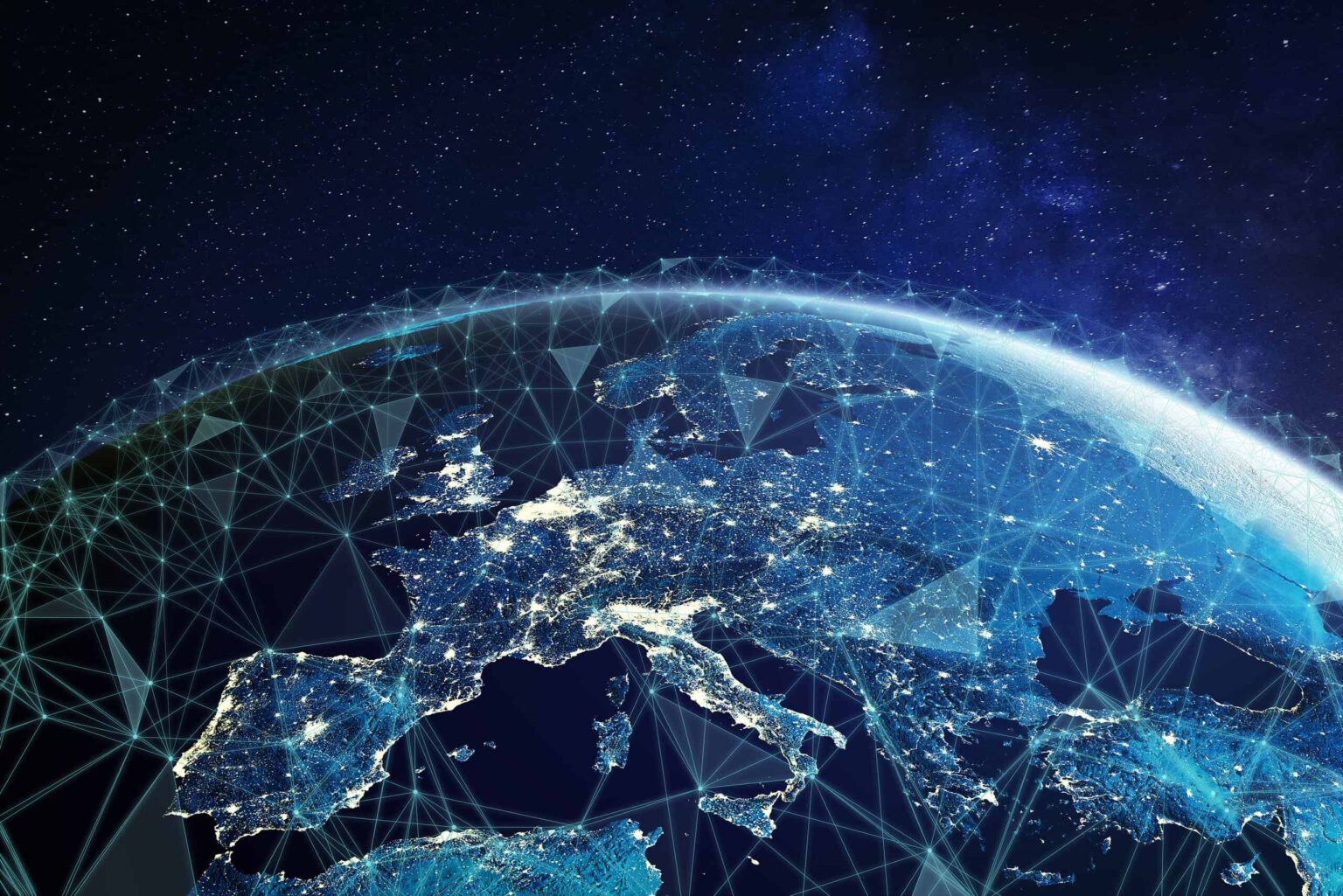 The Innovators 2026: Western Europe Telecommunication network above Europe viewed from space with connected system for European 5g LTE mobile web, global WiFi connection, Internet of Things (IoT) technology or blockchain fintech, 3d