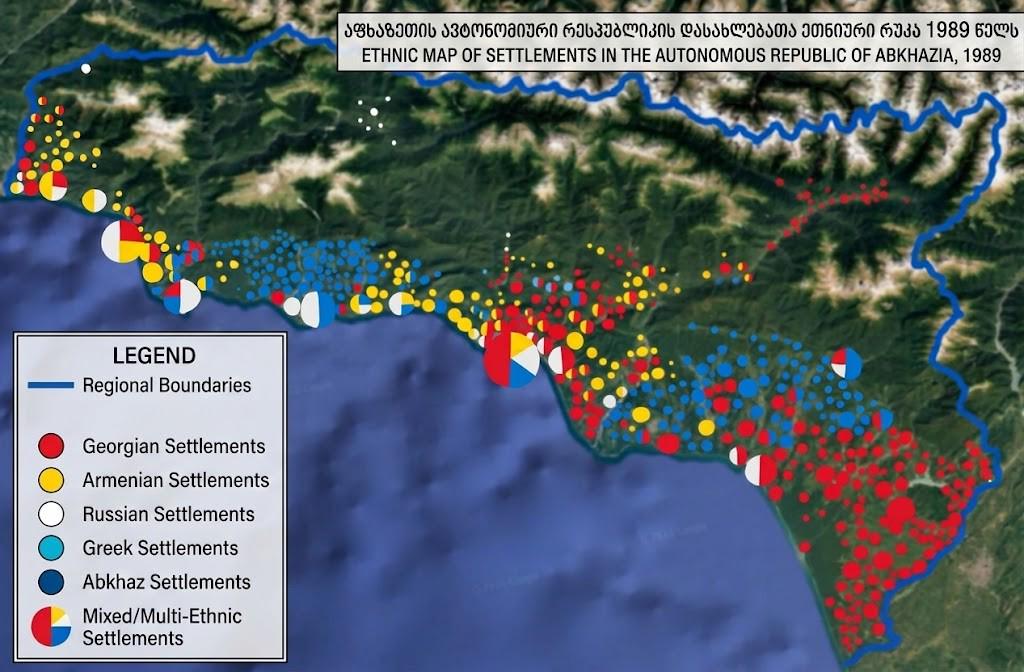 Ethnic map of the settlements in Abkhazia (Georgia) in 1989, before the war and ethnic cleansing of Georgians.