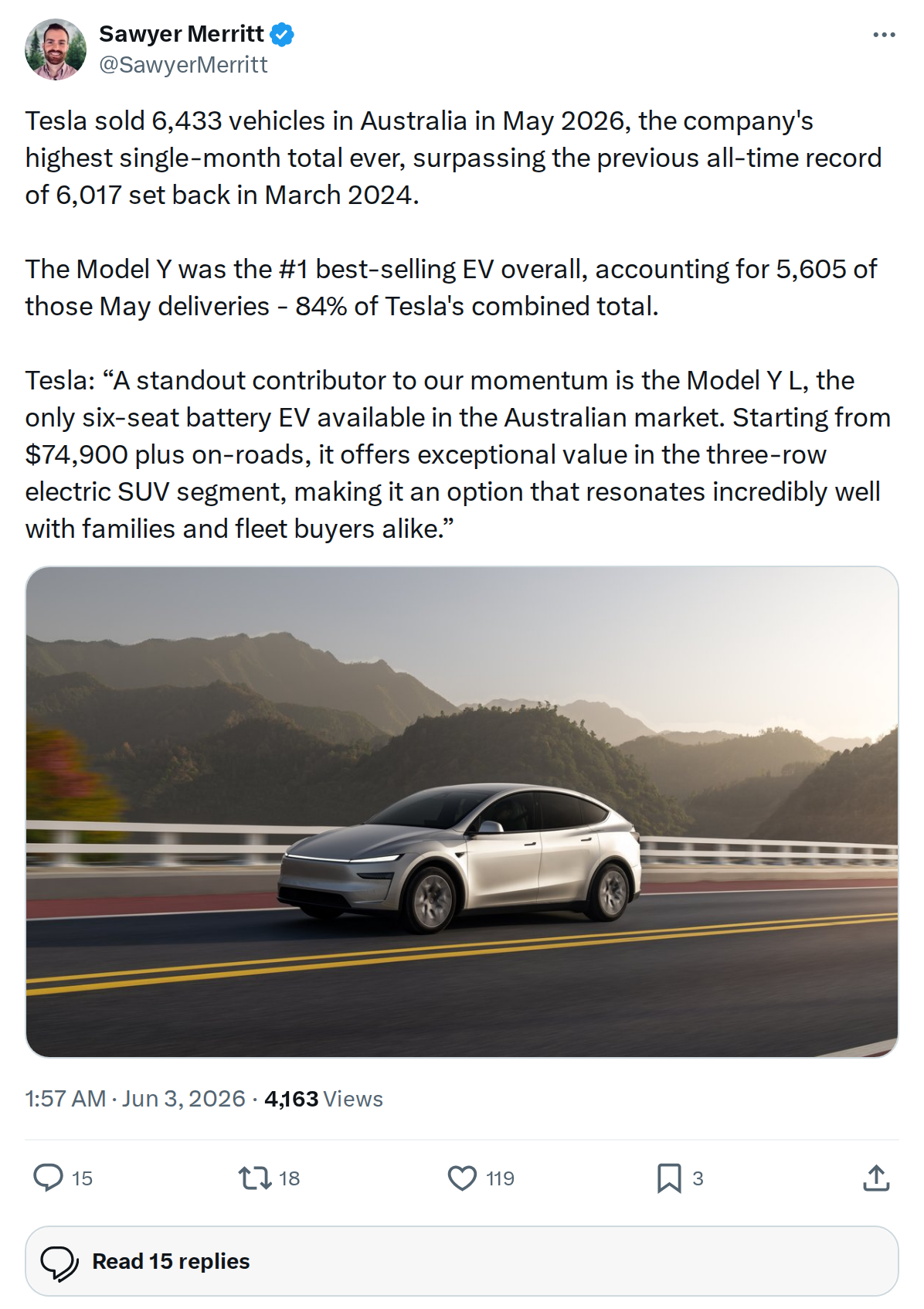 Sawyer Merritt tweet about Tesla Australia May 2026 sales record