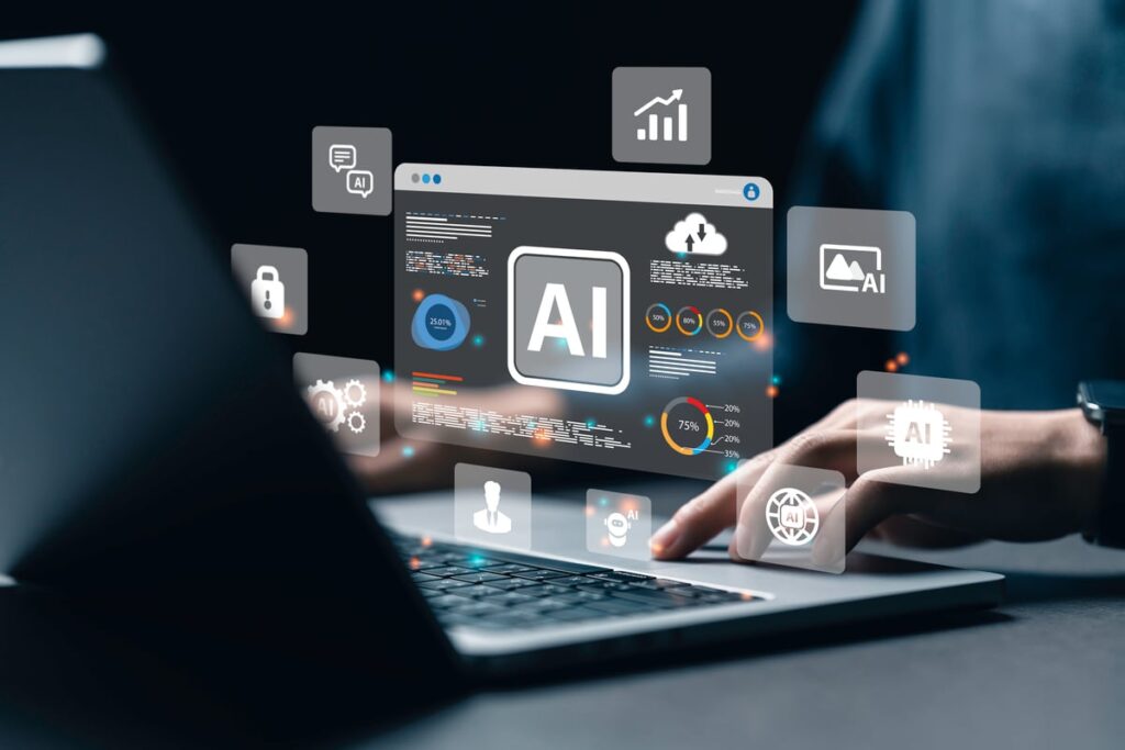 AI icons surround an open laptop.