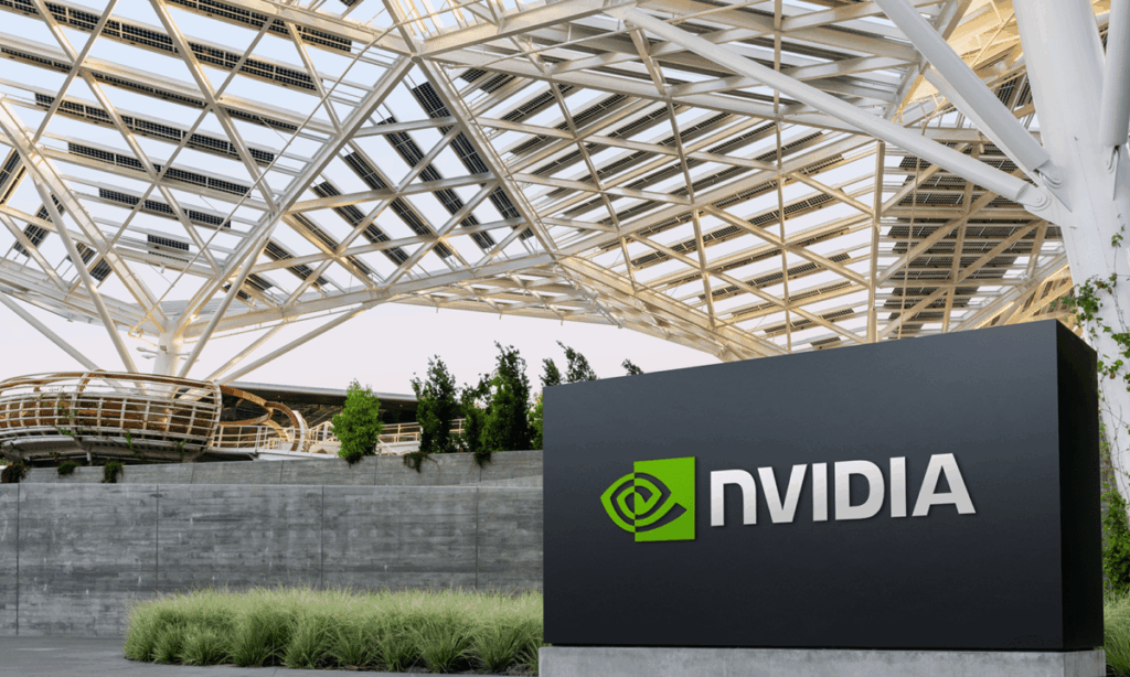 Nvidia CEO Jensen Huang Says This Is the Next Trillion-Dollar AI Chip Stock. Is He Right? Structure with a sign displaying the Nvidia logo out front.