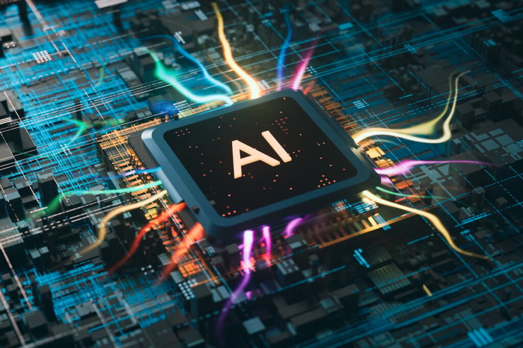 Samsung, SK Hynix, and Micron Are Fighting for AI Memory Dominance. Here’s How You Can Buy All Three for About $65. A chip that says AI with different colors of power coming out of it.