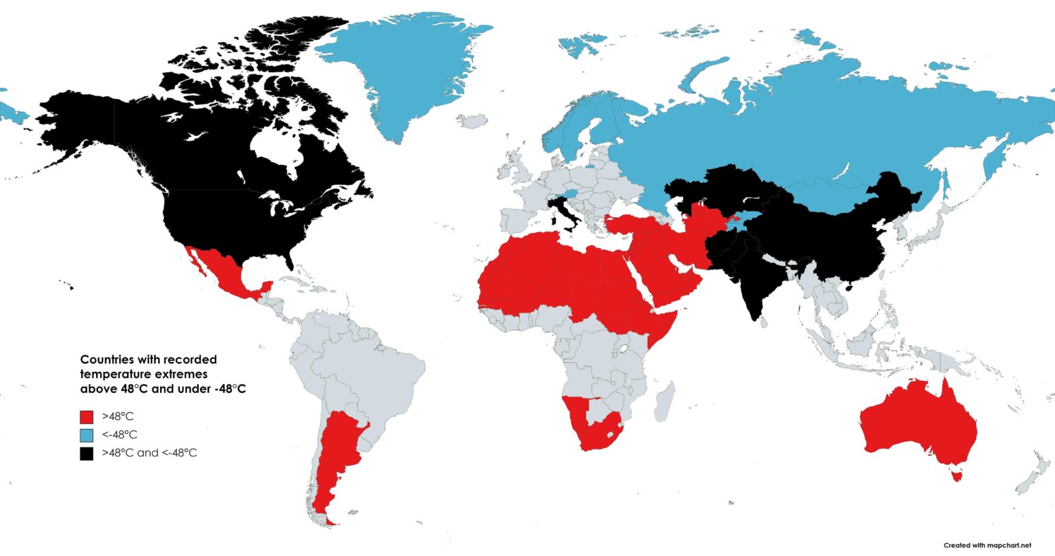 Countries with recorded temperatures above 48°C and under -48°C. Italy is the smallest country in the world to have reached both extremes.