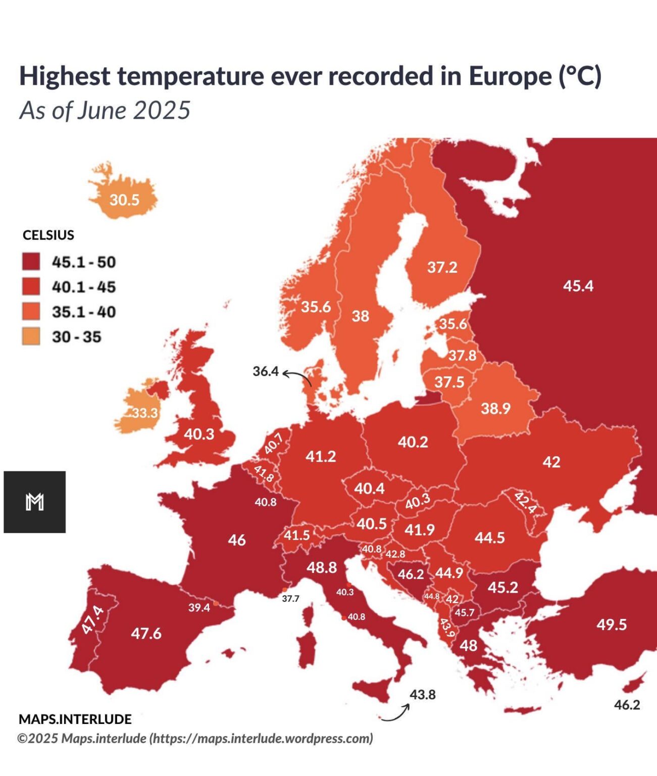 Highest Temperature Ever Recorded in Each European Country
