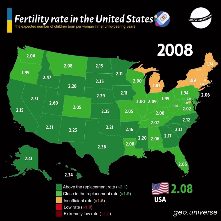 Fertility rate in the United States (2008 vs 2023)