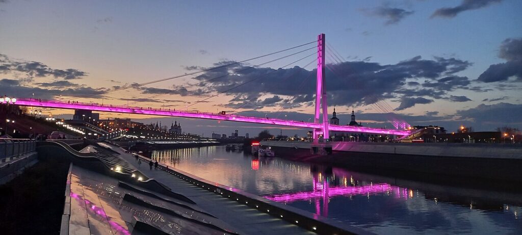 The Lovers Bridge over the Tura River in Tyumen, Russia. It got its name from a Longest Kiss competition on the bridge in 2003.