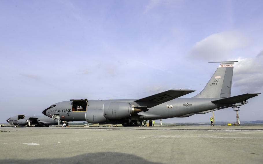 U.S. refueling aircraft ar parked on a flightline in Bulgaria.