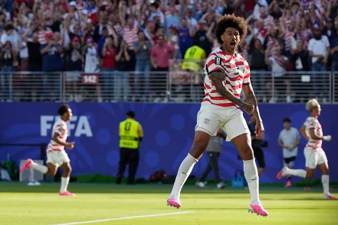 United States' Chris Richards reacts after his team's second goal against Bosnia during the World Cup round of 32 soccer match in Santa Clara, Calif., near San Francisco, Wednesday, July 1, 2026.