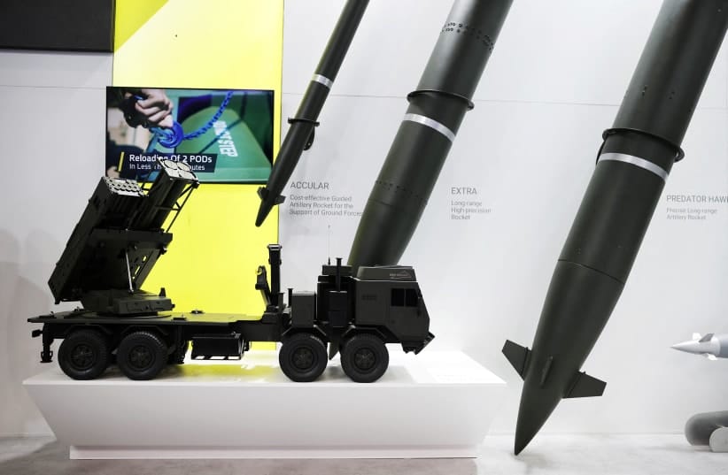 A PULS multiple rocket launcher miniature and artillery rockets by Israeli Elbit Systems is exhibited at the DEFEA Defense Exhibition, in Athens, Greece, May 8, 2025.