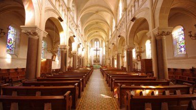 France small catholic church, pews, faith, europe