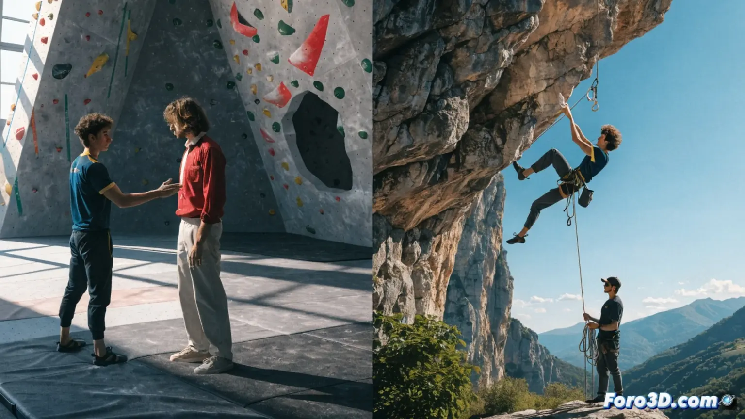 Alberto Ginés swaps San Cugat for Slovenia and leaves his coach of thirteen years professional rock climber mid-dynamic move on an overhanging limestone wall, chalk dust exploding from fingertips gripping a sharp crimp, climbing shoes smearing on a polished foothold, quickdraws clinking against a dynamic rope, training facility interior with wooden campus board and hangboard in background, contrast between Spanish and Slovenian training environments shown through wall texture and lighting, cinematic sports photography style, low-angle shot emphasizing muscle tension and reach, dramatic shadow play on athlete