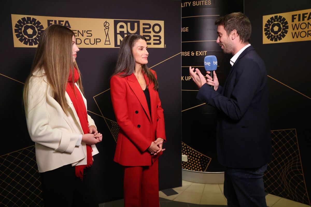 Queen Letizia Of Spain speaks to Spanish TVE after the Spanish women's soccer team wins the FIFA Women's World Cup in 2023