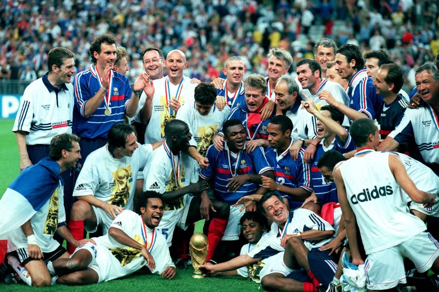 France celebrates after beating Brazil 3-0 in the 1998 World Cup Final, the country's first ever World Cup win.