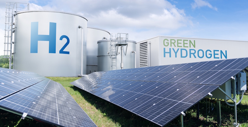Hydrogen factory with energy storage concept. Green hydrogen production from renewable energy sources.