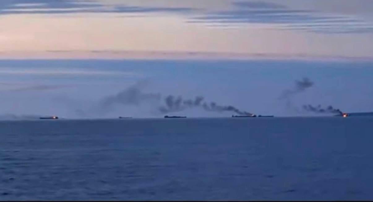 Three burning Russian vessels in the Sea of Azov in one frame - Bytes Europe