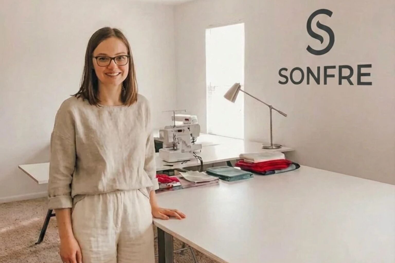 Fast fashion felt like a plastic uniform, then a Lithuanian couple reached for raw flax A woman in a light beige outfit stands in a workspace with sewing equipment and fabric stacks.