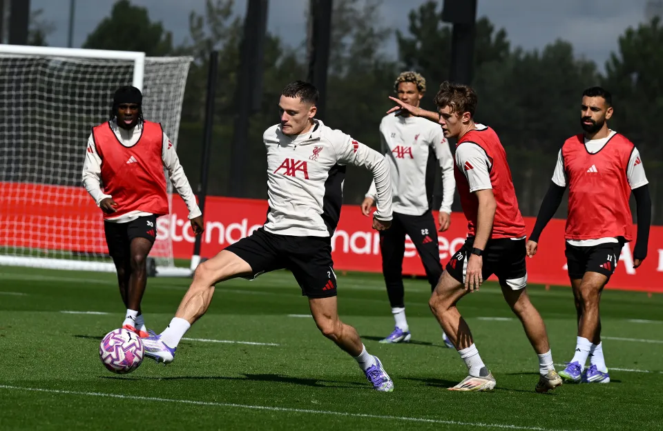 Florian Wirtz and Tommy Pilling of Liverpool during a training session