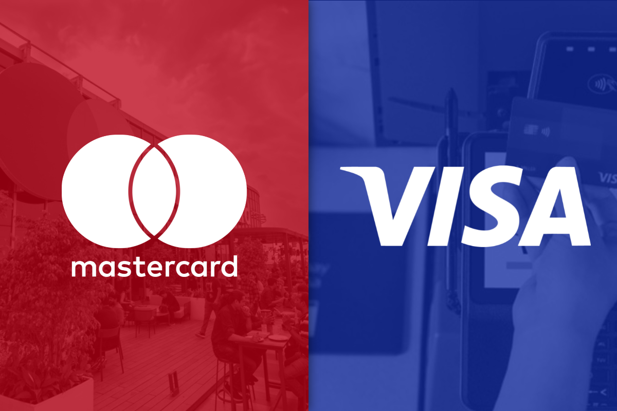 Mastercard logo on left on red filter and Visa logo on right on blue filter.
