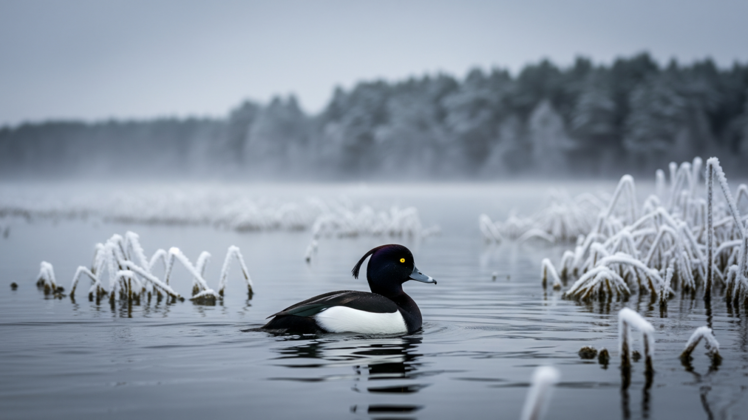 Tufted duck floating on warm nuclear cooling basin water at Forsmark in winter, 3 320 megawatts