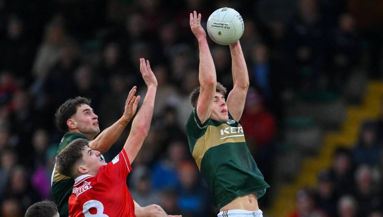 Kerry U20 All-Ireland winning midfield duo close to AFL moves AFL-BOUND? Daniel Kirby of Kerry catches a kickout ahead of teammate Evan Boyle and Darragh Clifford of Cork. Pic: Brendan Moran/Sportsfile