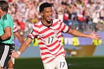 United States' Malik Tillman (17) celebrates after scoring on a free kick during the World Cup round of 32 soccer match between the United States and Bosnia in Santa Clara, Calif., near San Francisco, Wednesday, July 1, 2026.