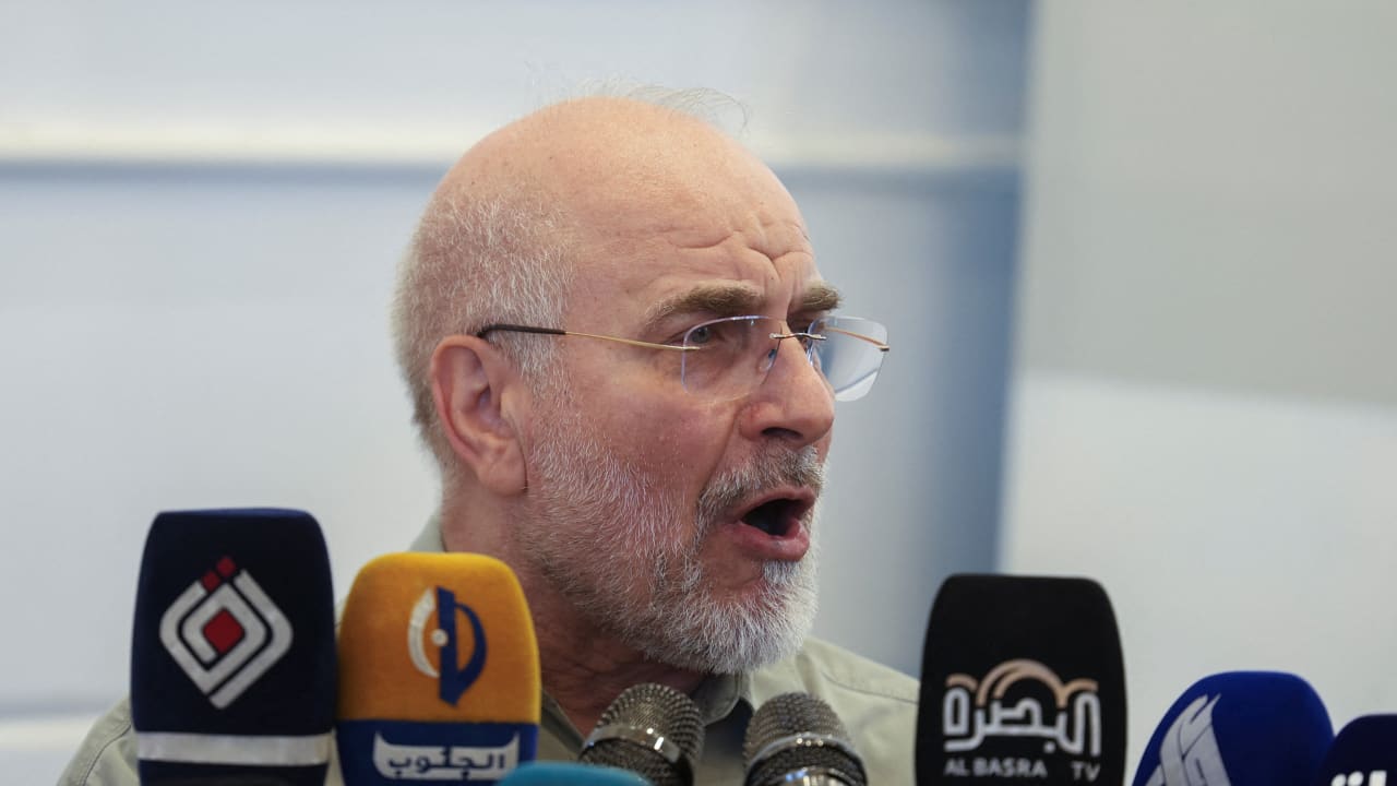 Iranian Parliament Speaker Mohammad Bagher Ghalibaf speaks to the press after visiting the grave of Iraqi paramilitary commander Abu Mahdi al-Muhandis, August 21, 2026. 