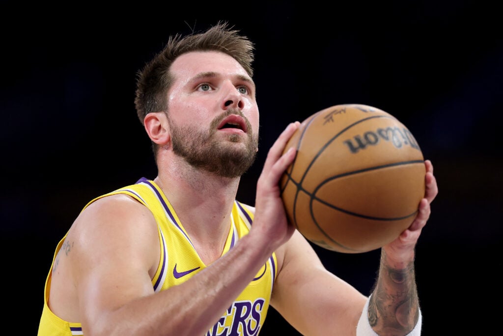 Luka Doncic #77 of the Los Angeles Lakers shoots a foul shot during the first half of a game against the Chicago Bulls