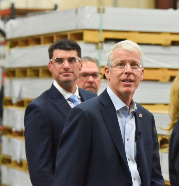 U.S. Secretary of Energy Chris Wright, right, and U.S. Rep. Rob Bresnahan take a tour of Creative Design and Machining Inc. in South Abington Twp. Monday, August 24, 2026. (SEAN MCKEAG / STAFF PHOTOGRAPHER)