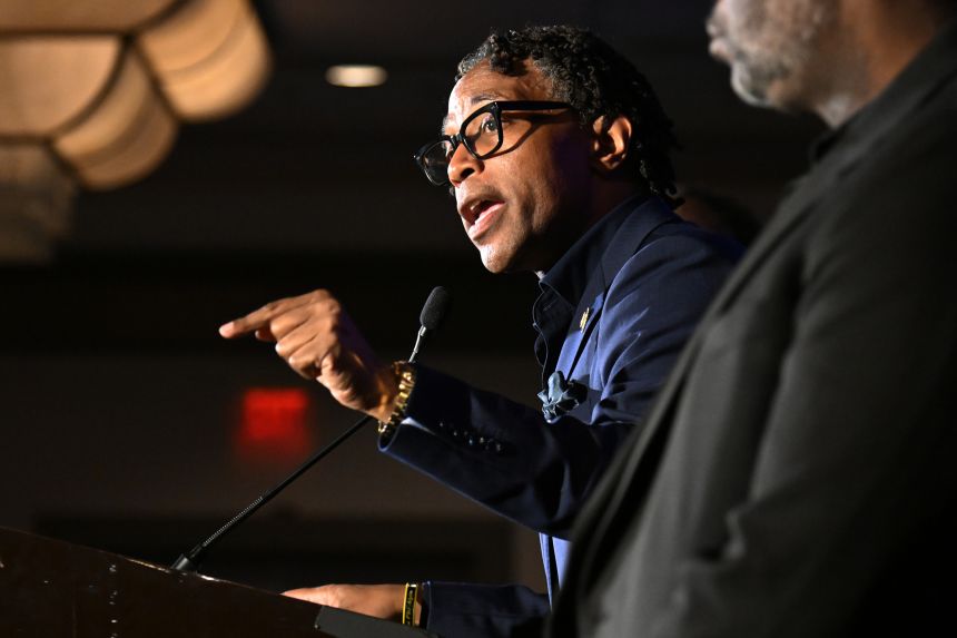 Rep. Wesley Bell speaks during a primary election night watch party in St. Louis on Tuesday, after winning the Democratic nomination.