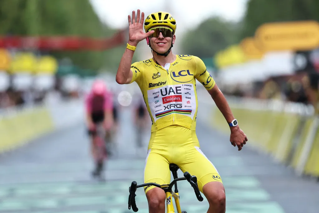<p>Slovenian rider Tadej Pogacar of UAE Team Emirates celebrates his victory in the 2026 Tour de France cycling race.</p>