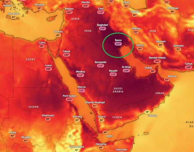 Tomorrow the temperature is expected to be 123F (51C) in Basra Iraq (pop 1.5 million).