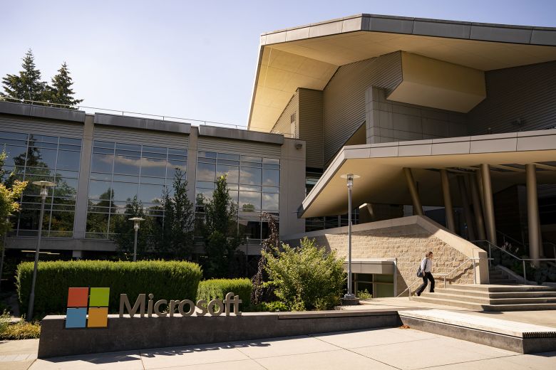 A sign is seen at the Microsoft headquarters on July 3, 2024, in Redmond, Washington.